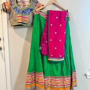 Vibrant Green Lehenga with Pink Dupatta and Blue Blouse